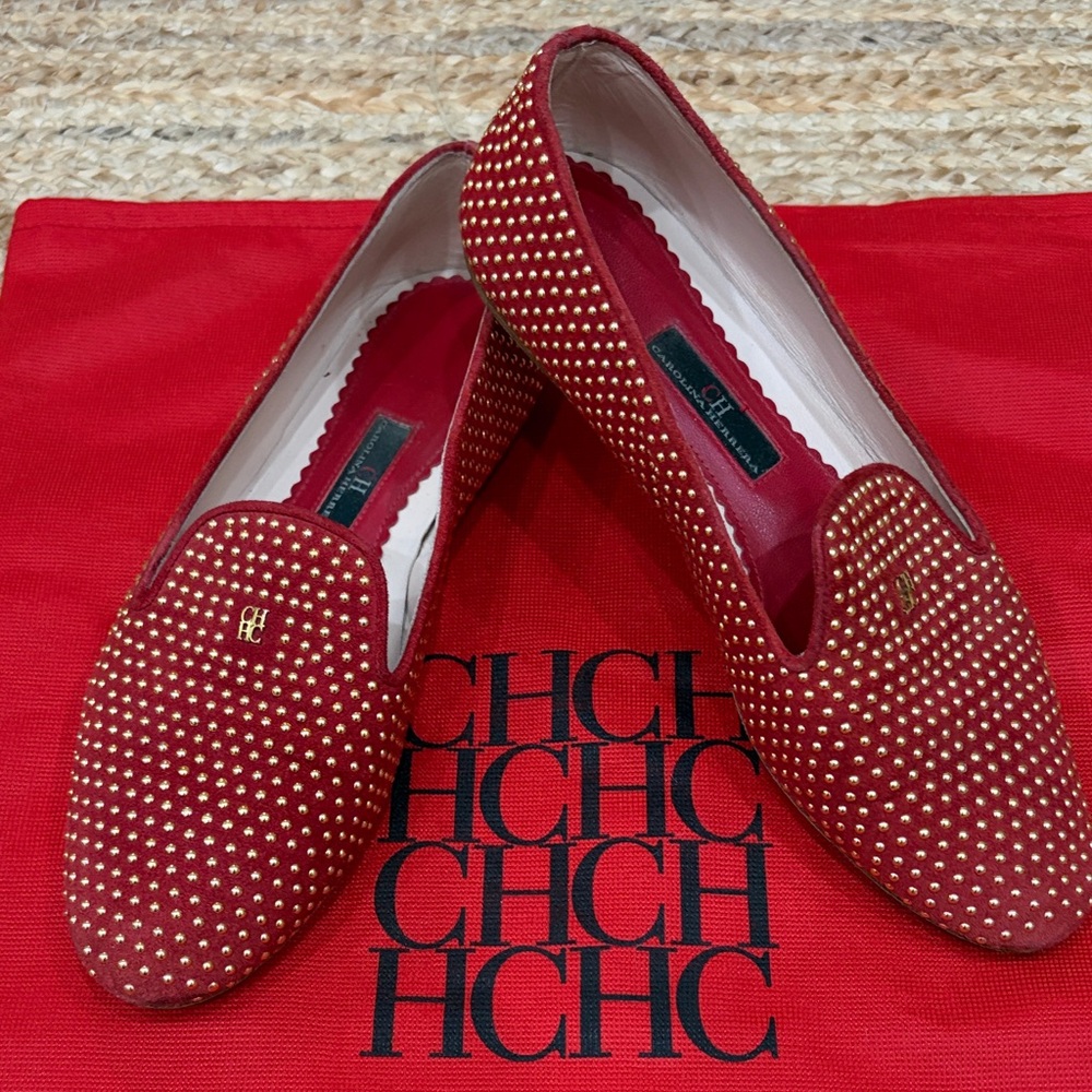 Carolina Herrera Red Gold-Studded Loafers